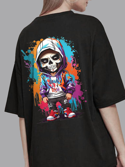 Broon Women Printed Oversize Round Neck Black T-Shirt