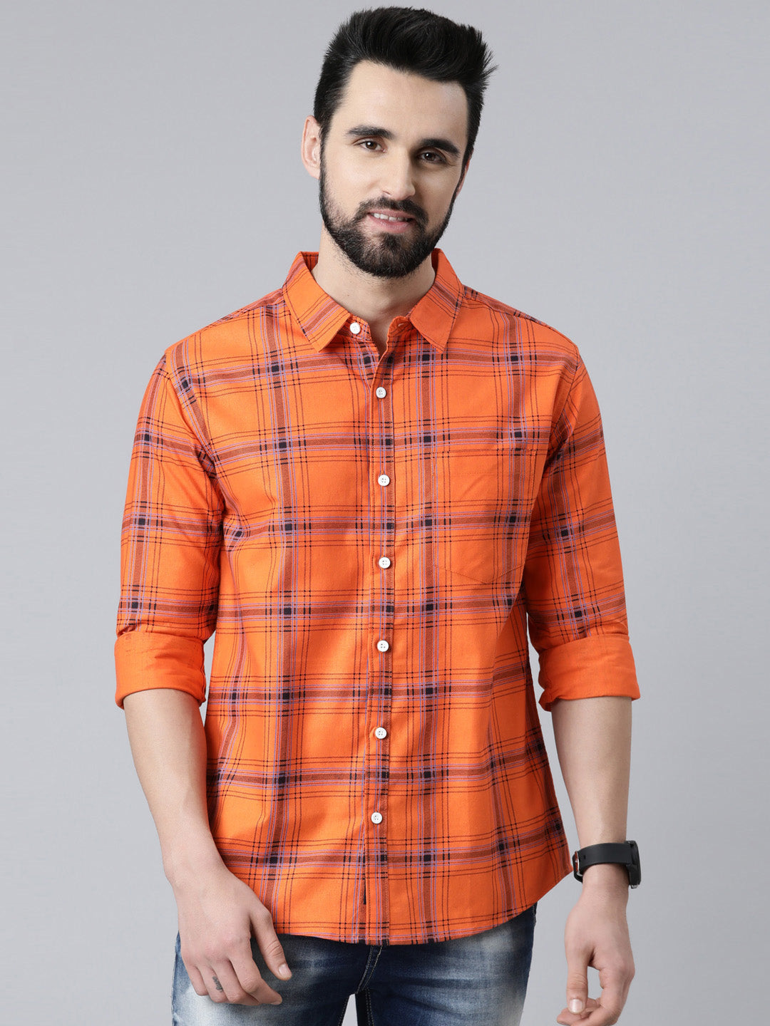 Orange Checked Pure Cotton Full Sleeve Shirt