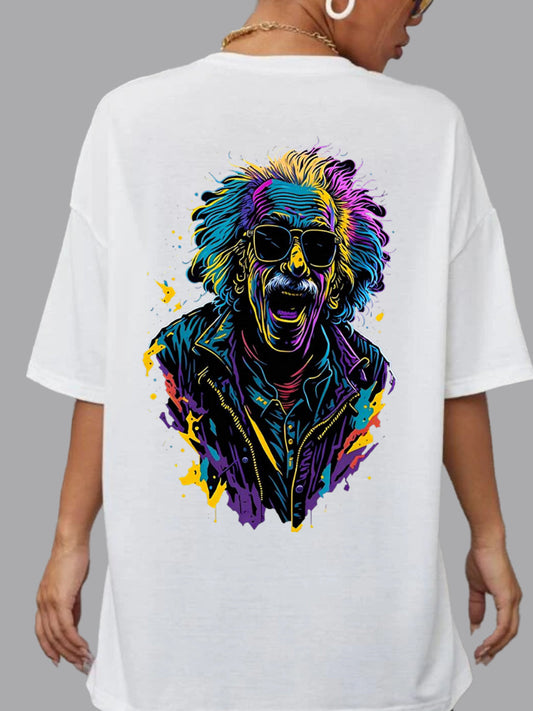 Broon Women Printed Oversize Round Neck White T-Shirt