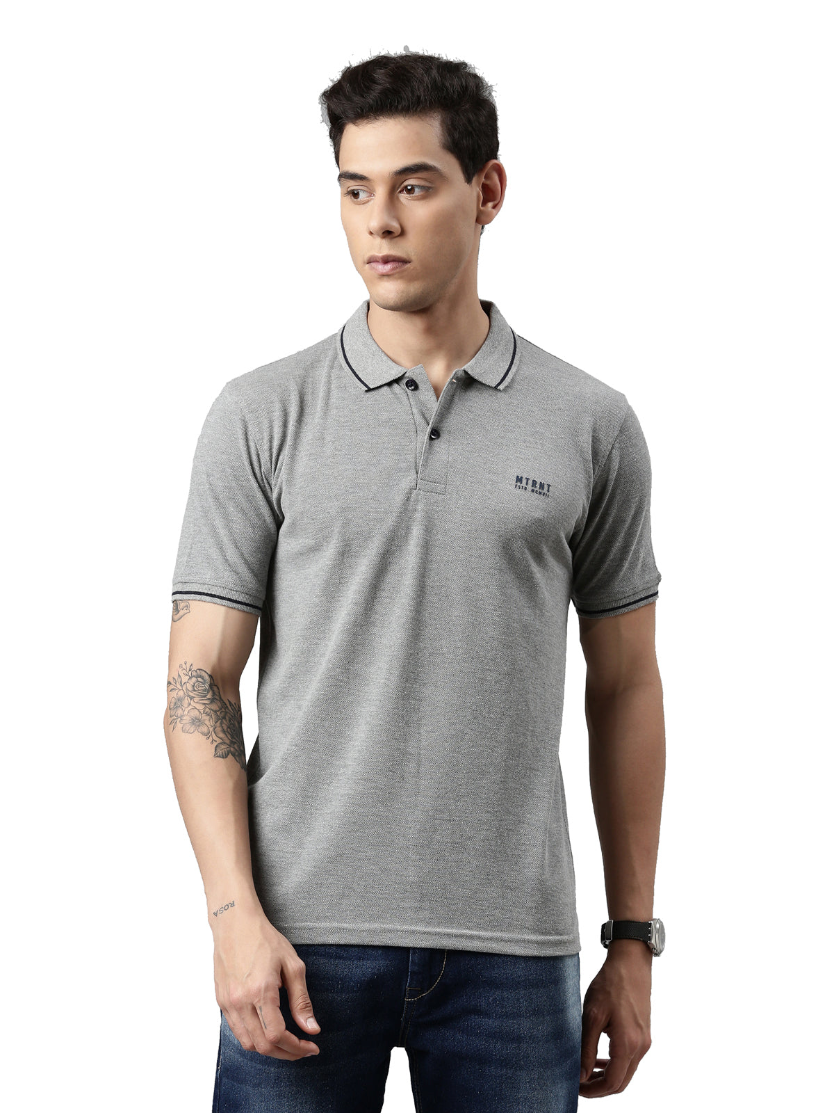 Men Solid Polo Collar Grey Melange T-shirt