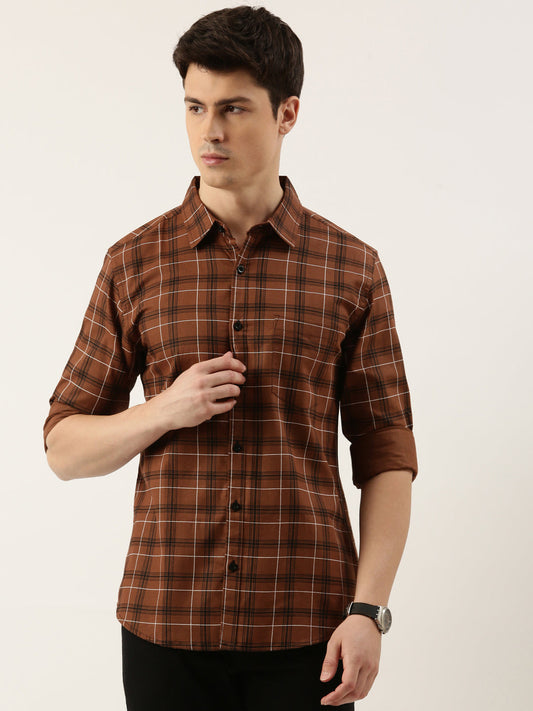 Men Brown Checked Pure Cotton Full Sleeve Casual Shirt