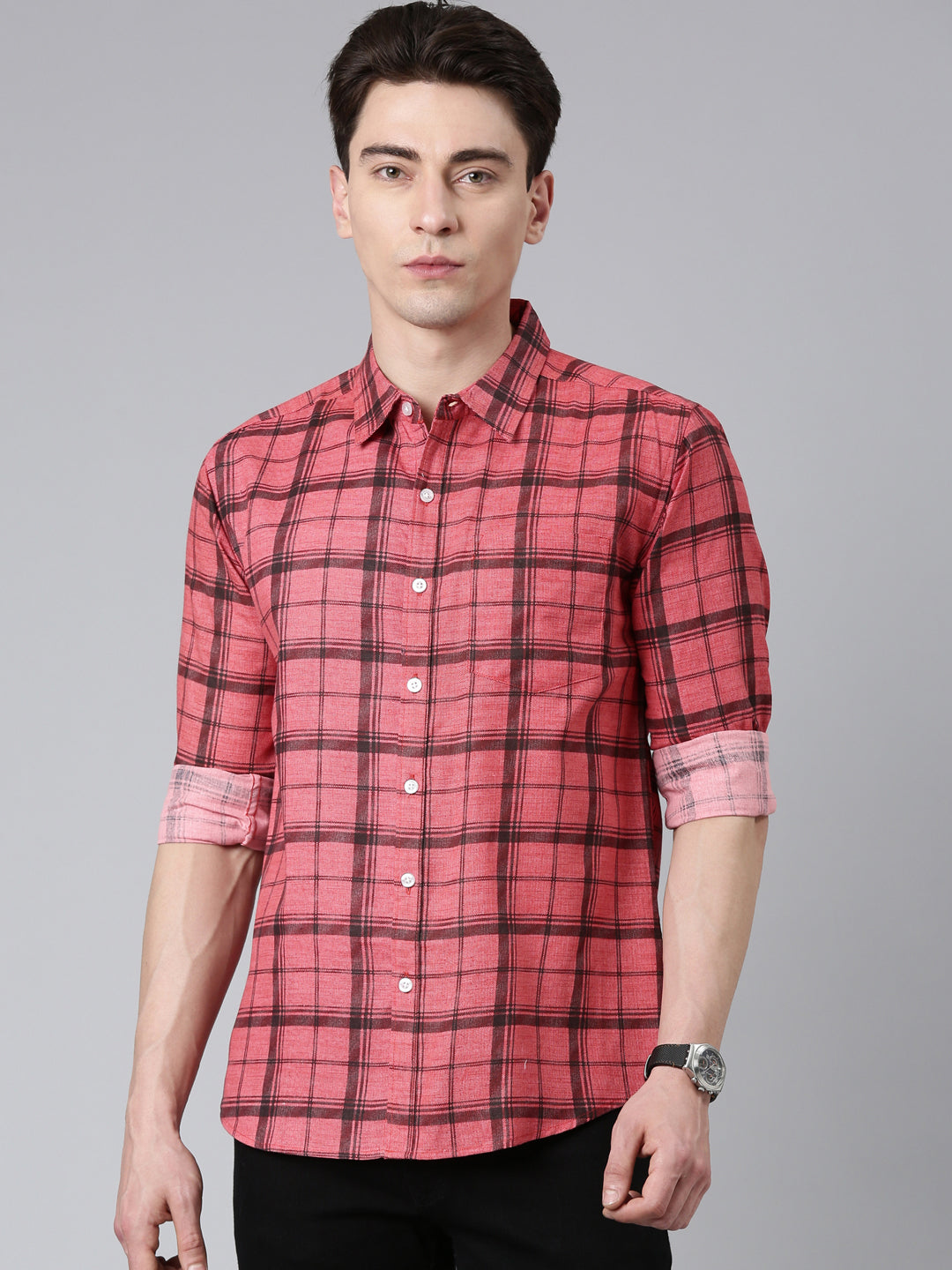 Red Checkered Pure Cotton Full Sleeve Shirt