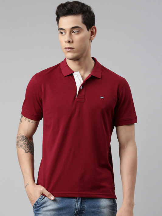 Men Maroon Solid Polo Collar T-shirt
