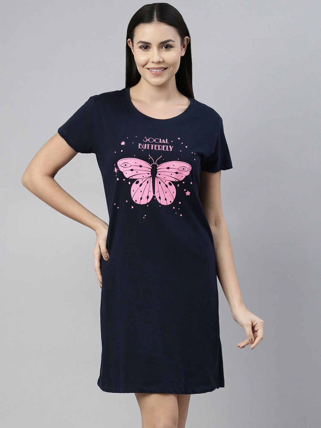 CURARE Women Printed Round Neck Navy Blue LongTees