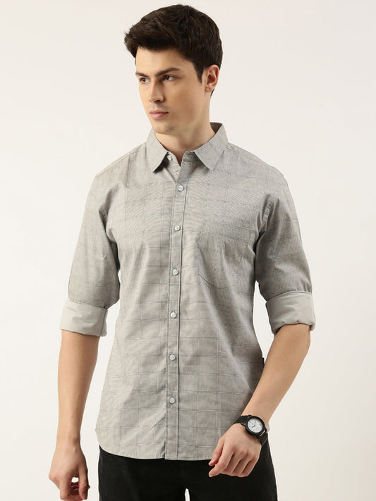 Men Grey Printed Pure Cotton Full Sleeve Casual Shirt