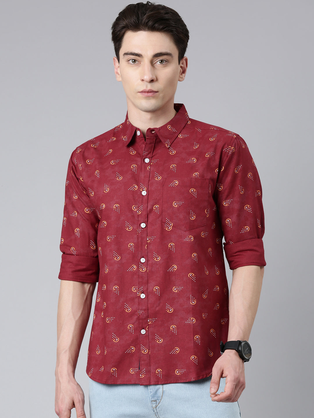 Maroon printed Pure Cotton Full Sleeve Shirt