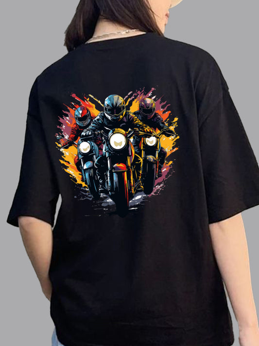 Broon Women Printed Oversize Round Neck Black T-Shirt