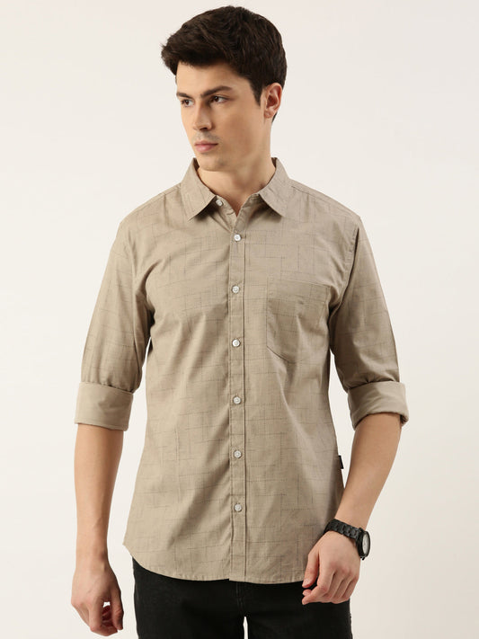Men Beige Printed Pure Cotton Full Sleeve Casual Shirt