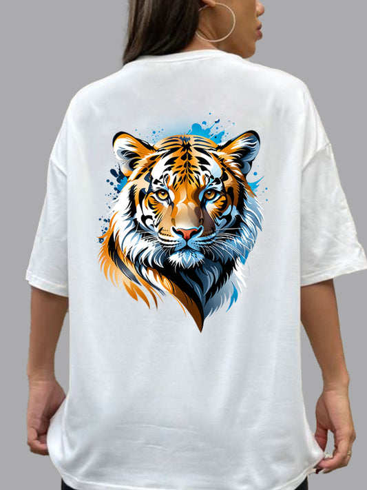 Broon Women Printed Oversize Round Neck White T-Shirt