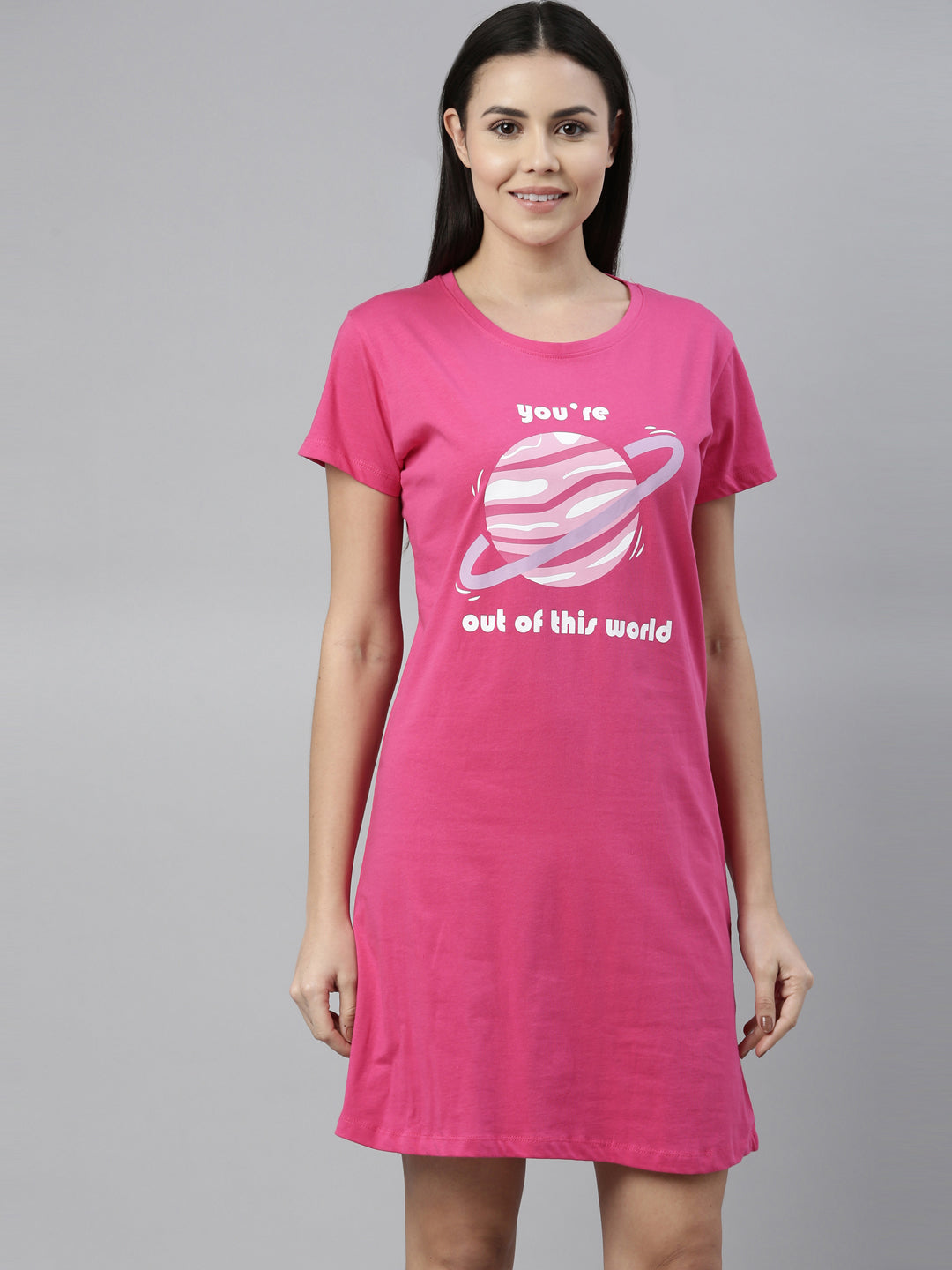 CURARE Women Printed Round Neck Fuchsia LongTees