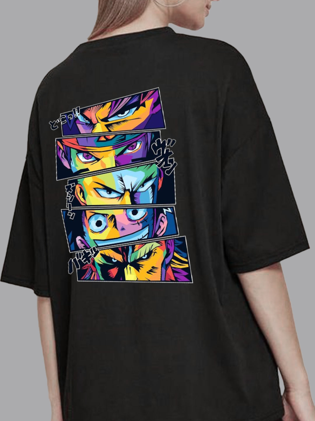 Broon Women Printed Oversize Round Neck Black T-Shirt