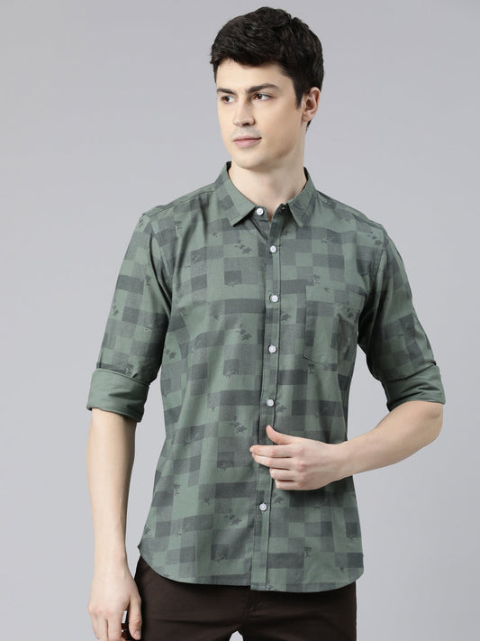 Men Olive Green Printed Pure Cotton Full Sleeve Casual Shirt