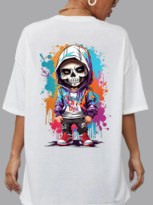 Broon Women Printed Oversize Round Neck White T-Shirt