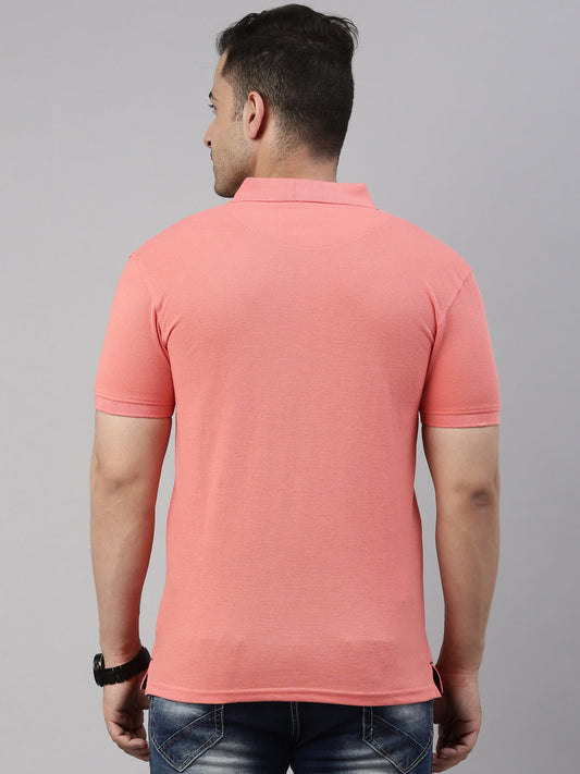 Men Peach Solid Polo Collar T-shirt