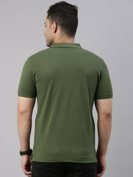 Men Olive Solid Polo Collar T-shirt
