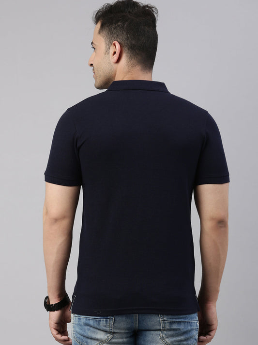 Men Navy Blue Solid Polo Collar T-shirt