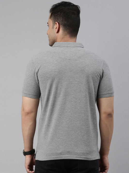 Men Grey Melange Solid Polo Collar T-shirt