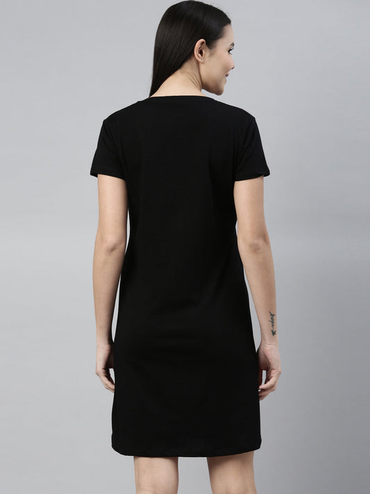 CURARE Women Printed Round Neck Black LongTees