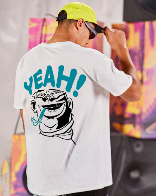 Broon Men White Printed Oversize Round Neck T-Shirt