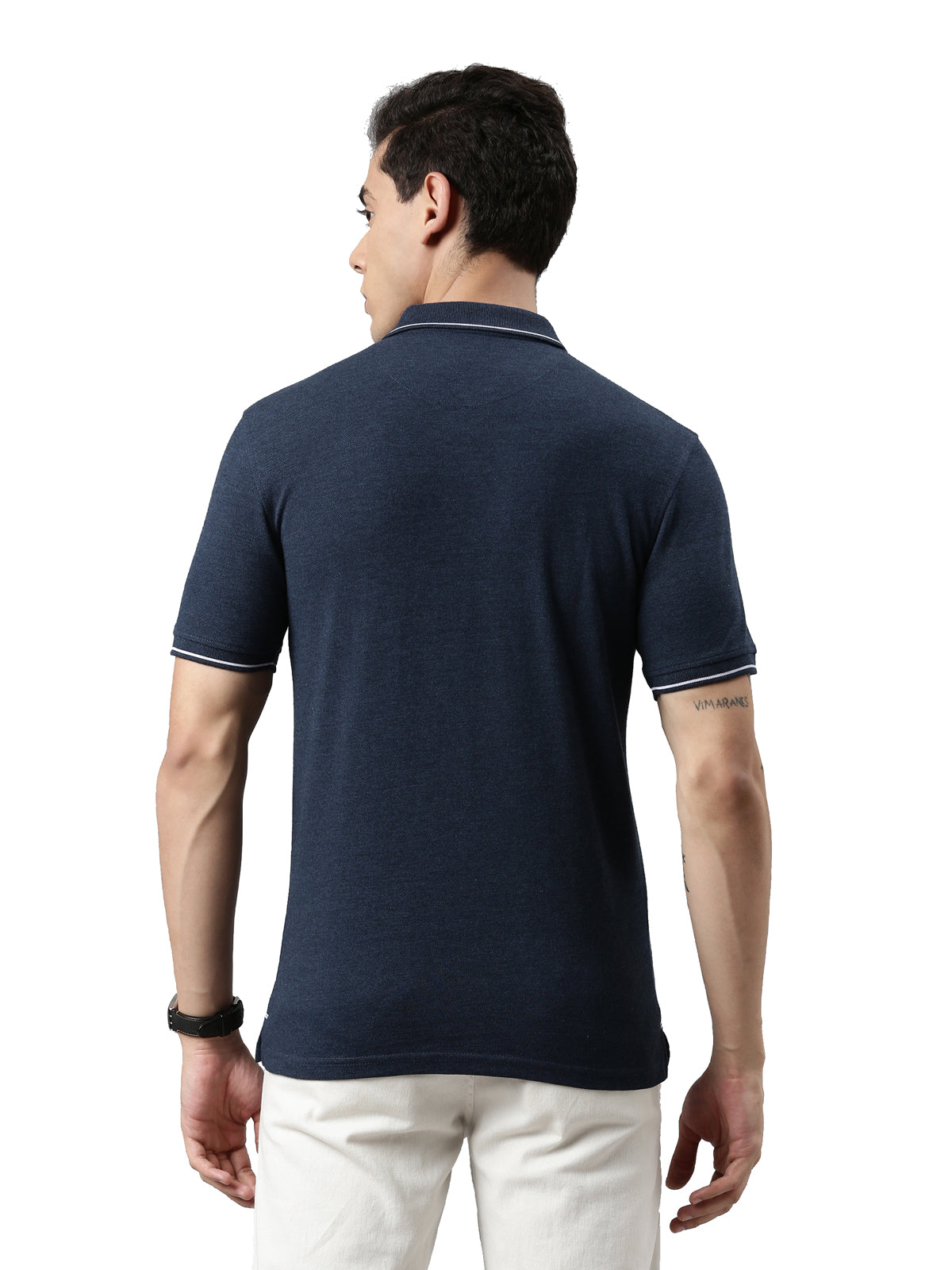 Men Solid Polo Collar Denim Blue T-shirt