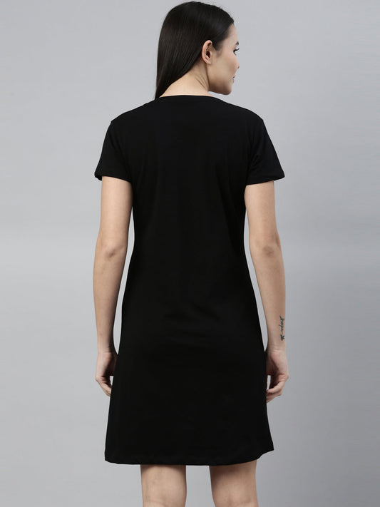 CURARE Women Printed Round Neck Black LongTees