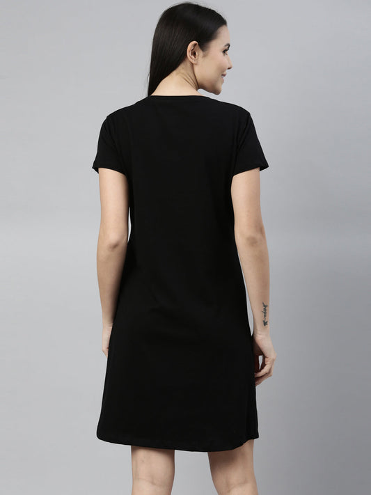 CURARE Women Printed Round Neck Black LongTees