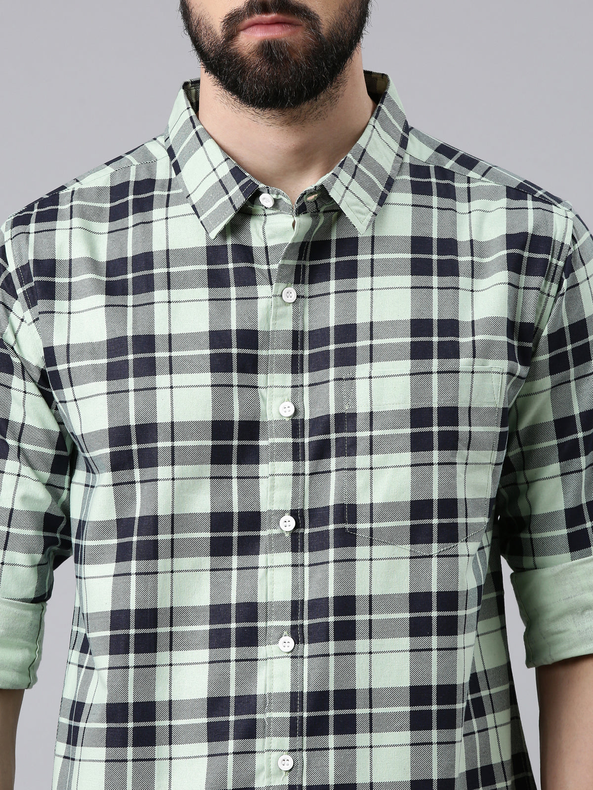 Light Green Checked Pure Cotton Casual Full Sleeve Shirt