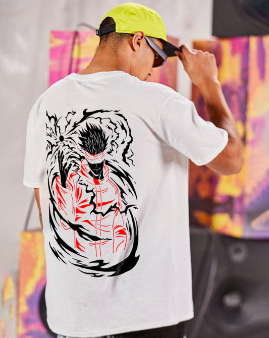 Broon Men White Printed Oversize Round Neck T-Shirt