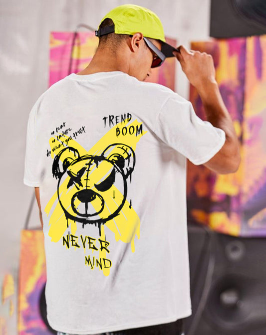 Broon Men White Printed Oversize Round Neck T-Shirt