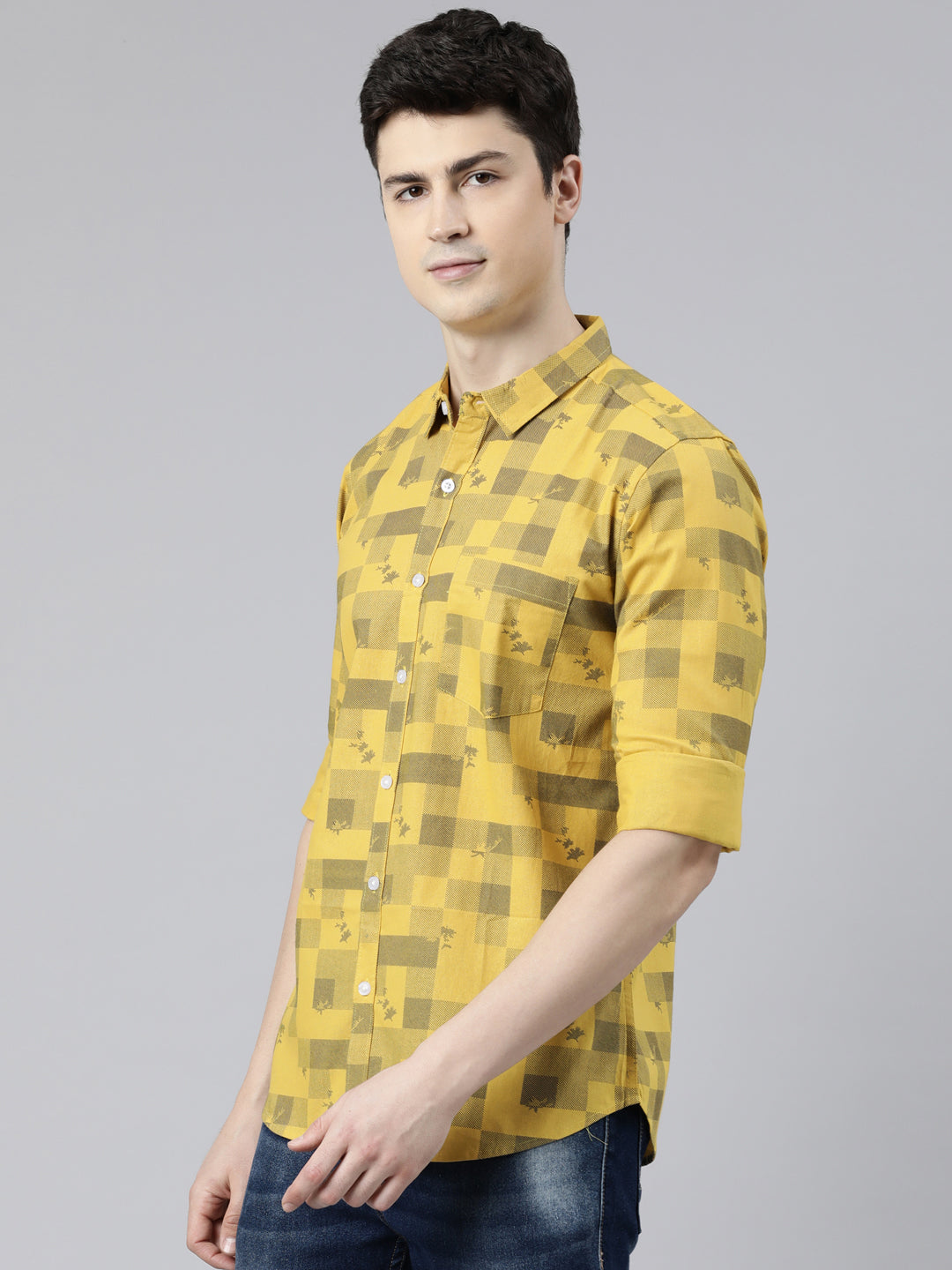 Men Yellow Printed Pure Cotton Full Sleeve Casual Shirt