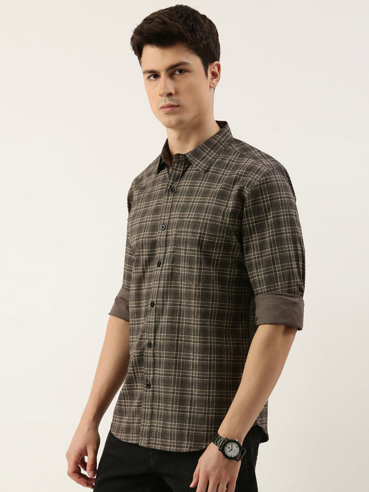 Men Dark Grey Checked Pure Cotton Full Sleeve Casual Shirt