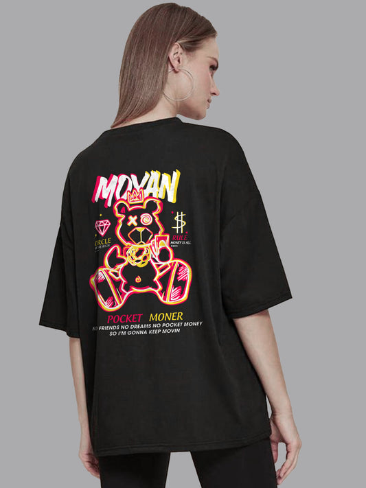 Broon Women Printed Oversize Round Neck Black T-Shirt