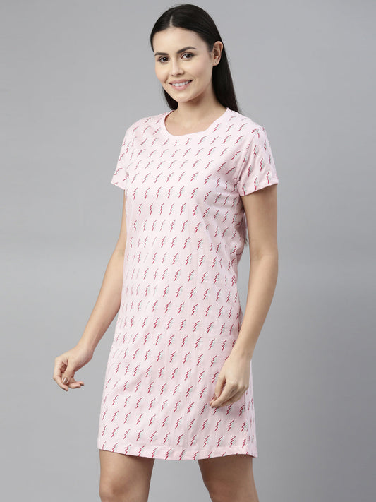 CURARE Women Printed Round Neck Pink LongTees