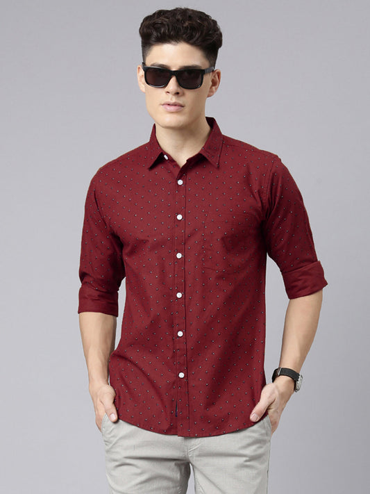 Men Maroon Printed Pure Cotton Full Sleeve Casual Shirt