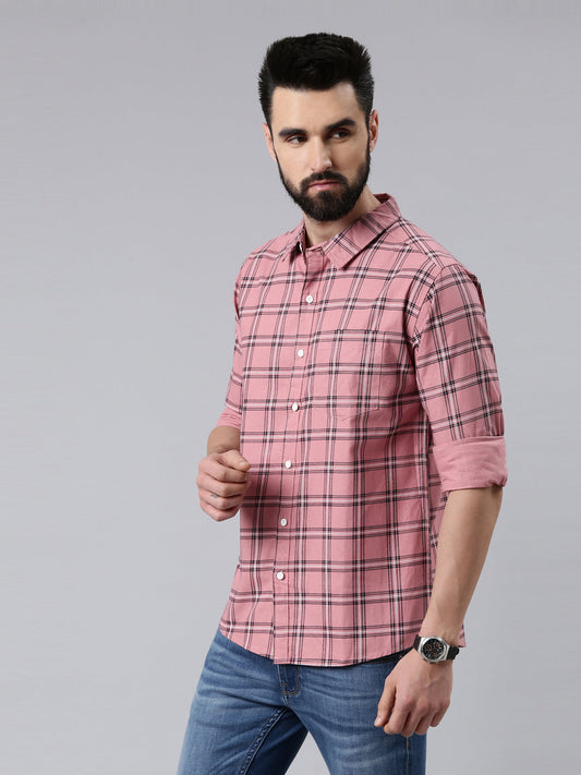 Pink Checked Pure Cotton Casual Full Sleeve Shirt