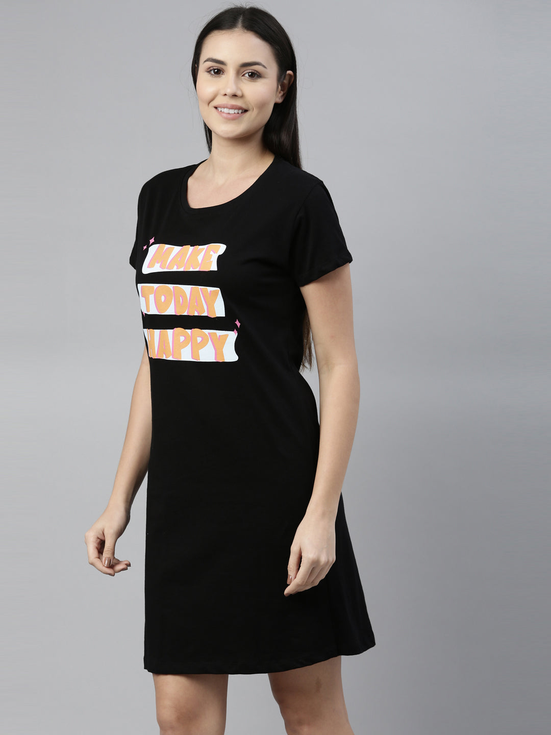 CURARE Women Printed Round Neck Black LongTees