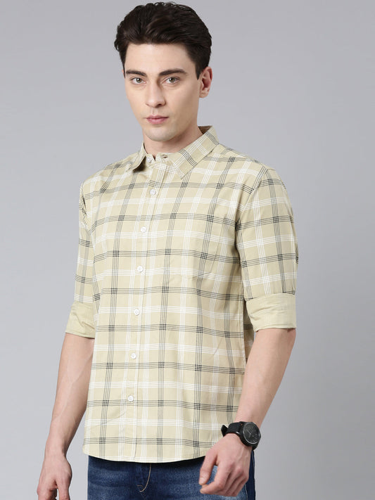 Beige Checked Pure Cotton Full Sleeve Shirt