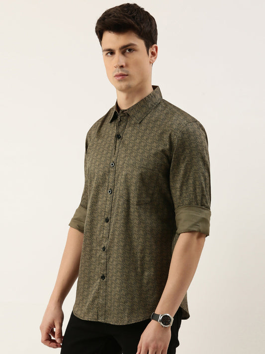 Men Olive Green Printed Pure Cotton Full Sleeve Casual Shirt