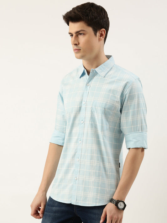 Men Light Blue Checked Pure Cotton Full Sleeve Casual Shirt