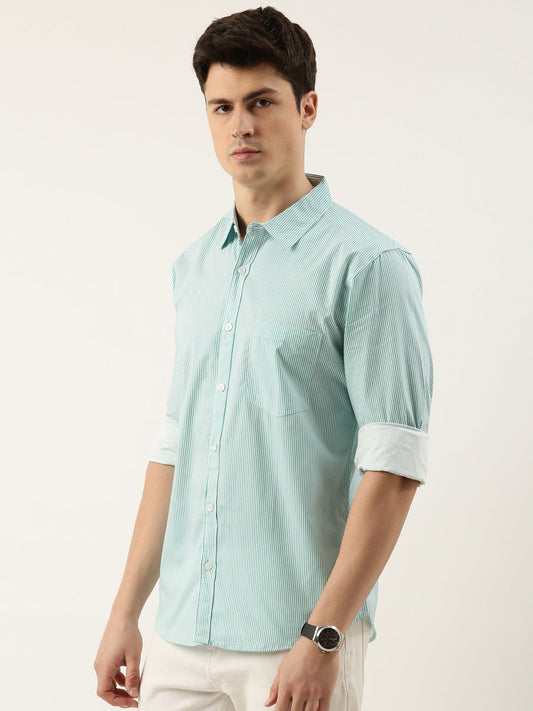 Men Mint Green Striped Pure Cotton Full Sleeve Casual Shirt