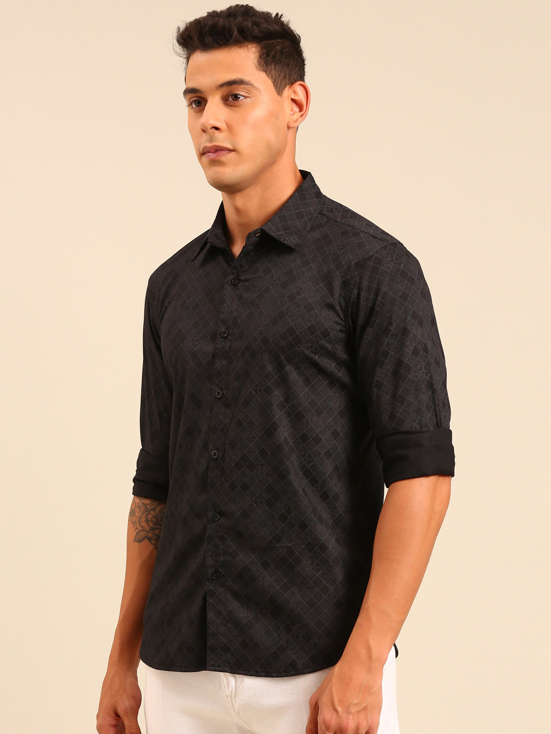 JOVEN Men Black Printed Casual Full Sleeve Lycra Shirt ( No Returns )