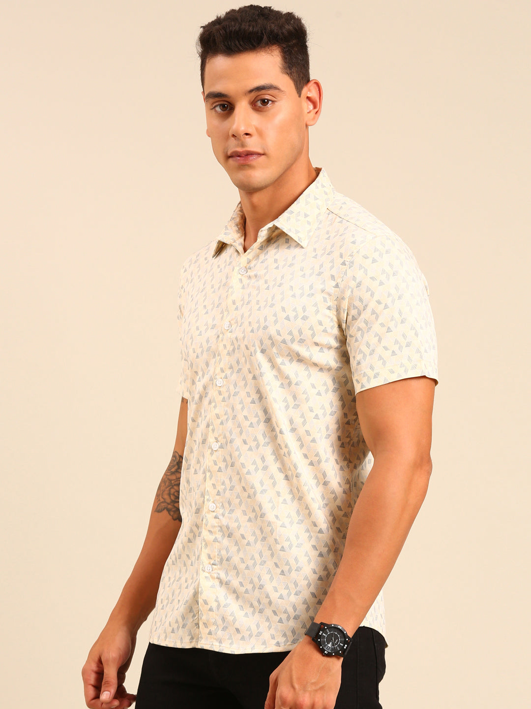 JOVEN Men Beige Printed Casual Lycra Shirt ( No Returns )