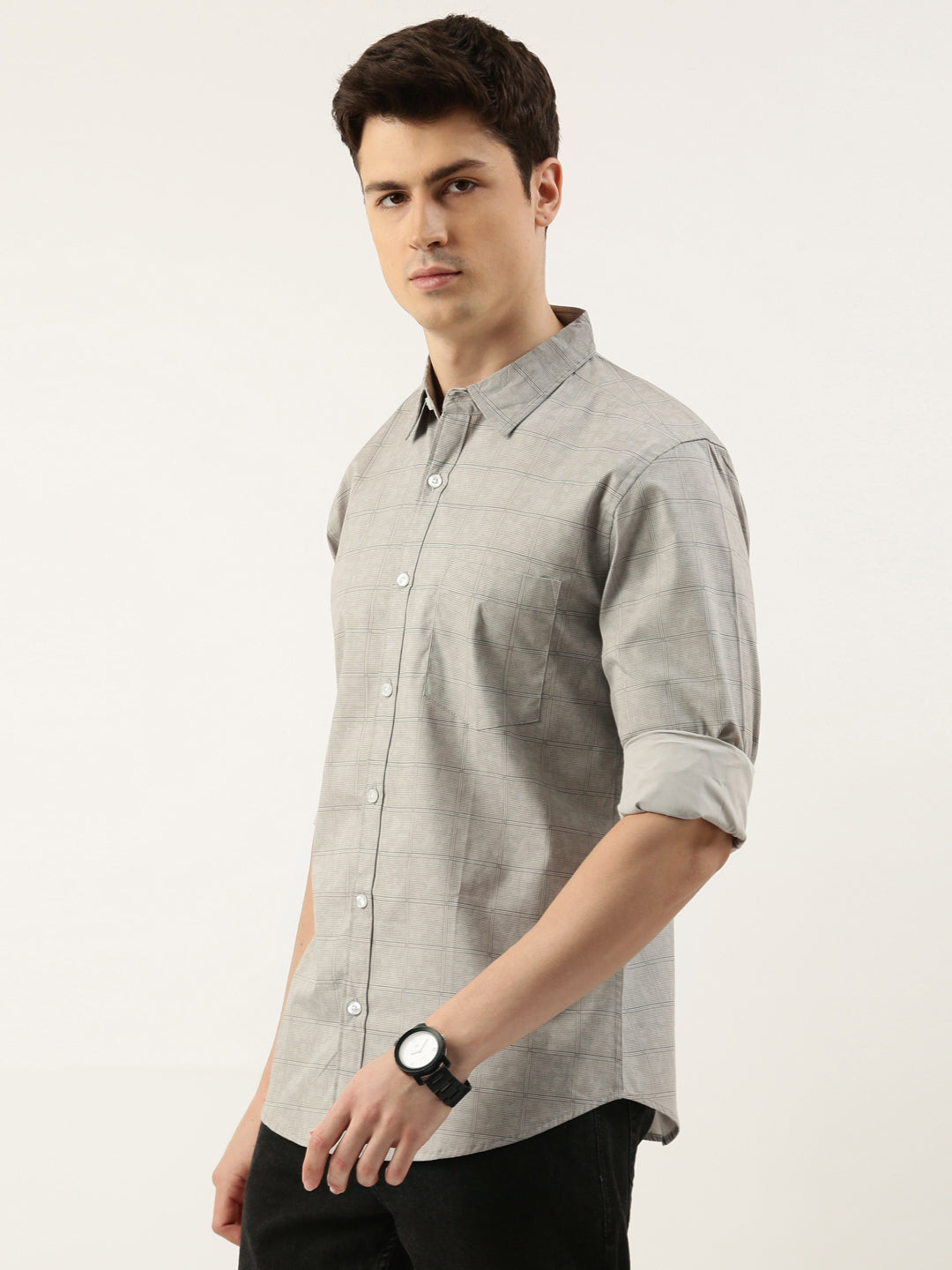 Men Grey Printed Pure Cotton Full Sleeve Casual Shirt