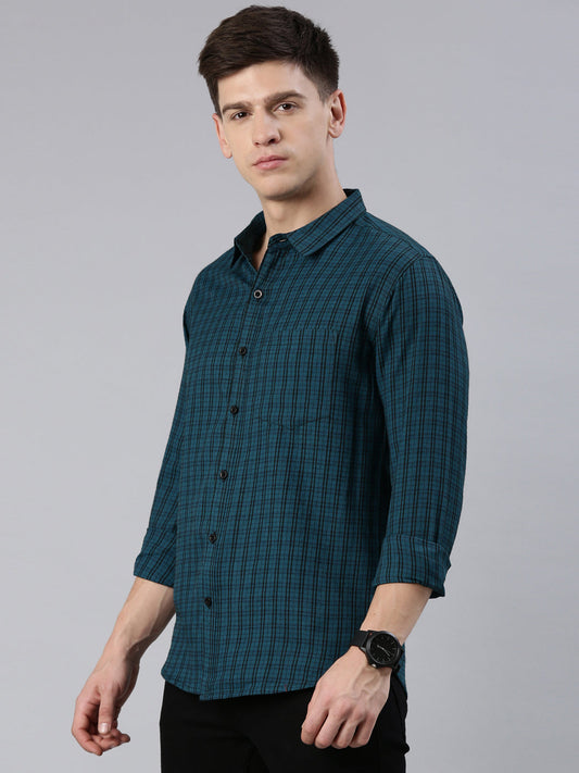 Men Dark Green Checked Cotton Blend Casual Full Sleeve Shirt
