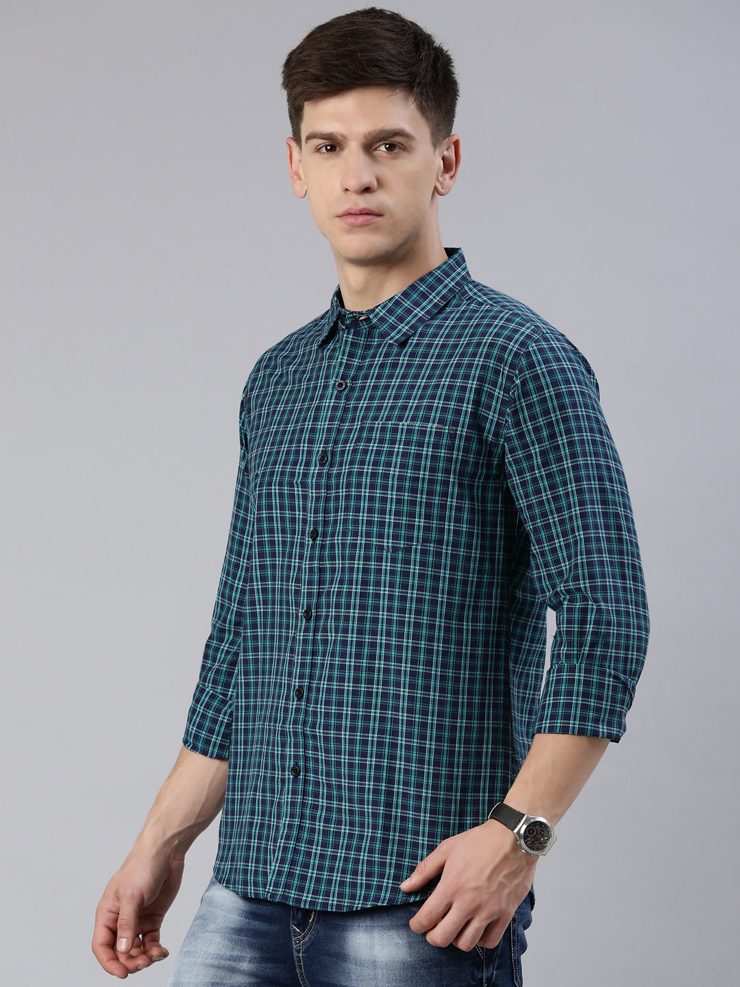 Men Green Checked Cotton Blend Casual Full Sleeve Shirt