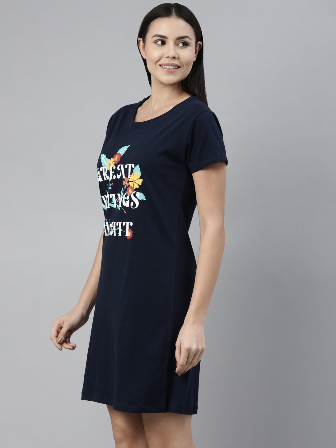 CURARE Women Printed Round Neck Navy Blue LongTees
