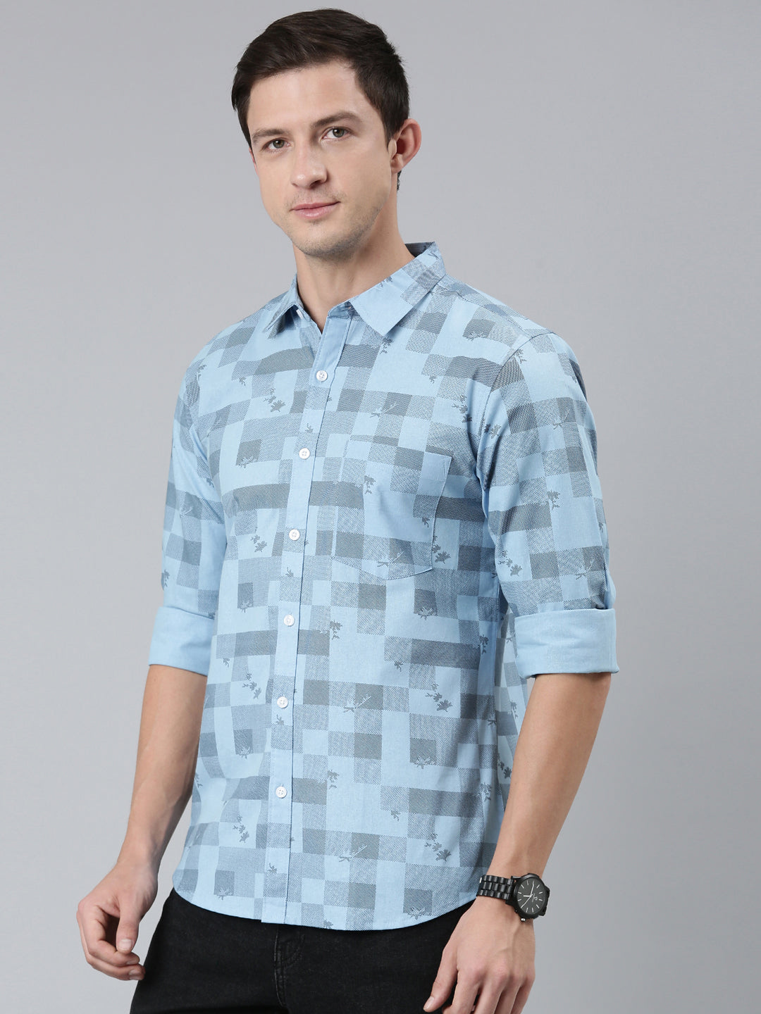 Men Light Blue Printed Pure Cotton Full Sleeve Casual Shirt