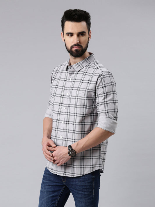 Grey Melange Checked Pure Cotton Casual Full Sleeve Shirt