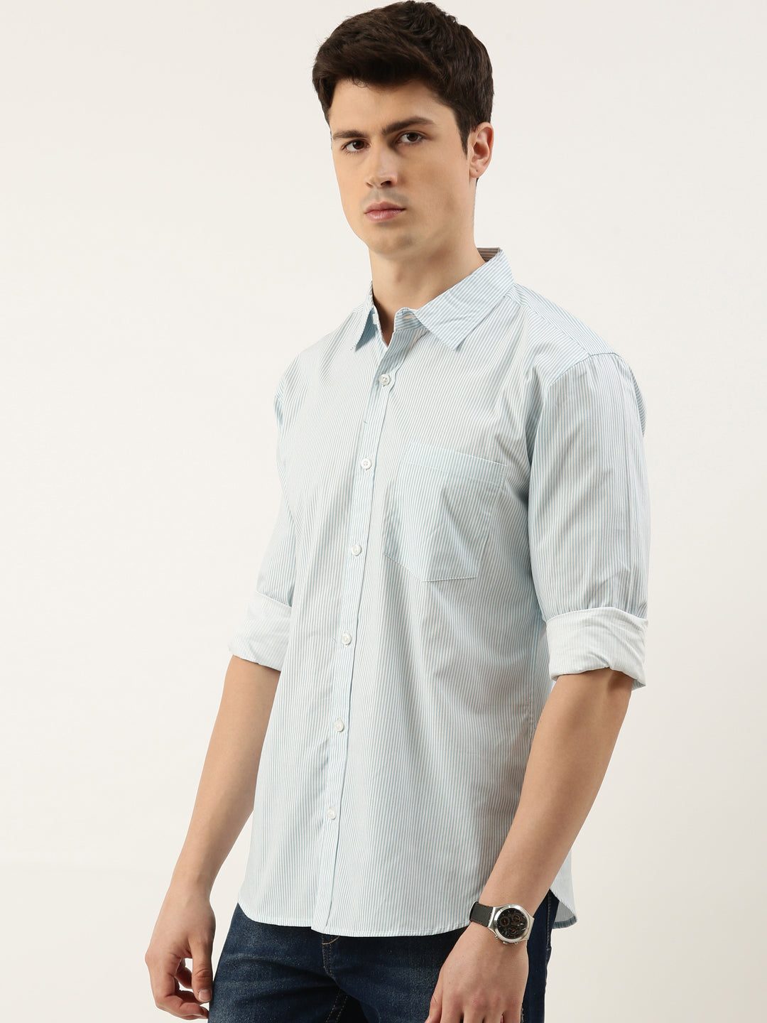 Men Light Blue Striped Pure Cotton Full Sleeve Casual Shirt