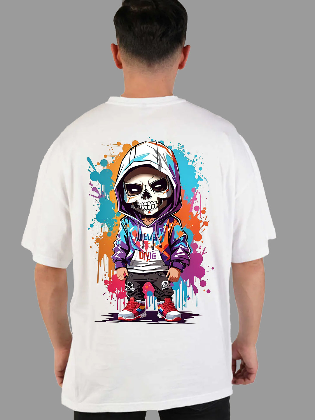 Broon Men White Printed Oversize Round Neck T-Shirt